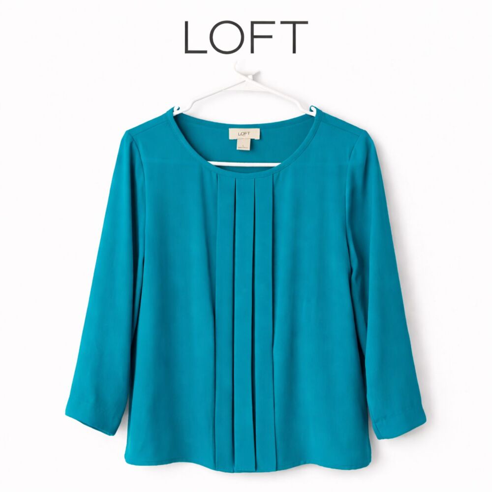 LOFT Teal‎ Pleated Front Blouse Size Small Spring Summer Long Sleeve Career Top